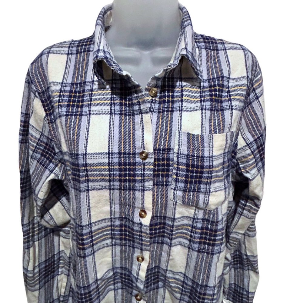 Passport Windowpane Plaid Blue Ladies Flannel Shirt Large Women Junior